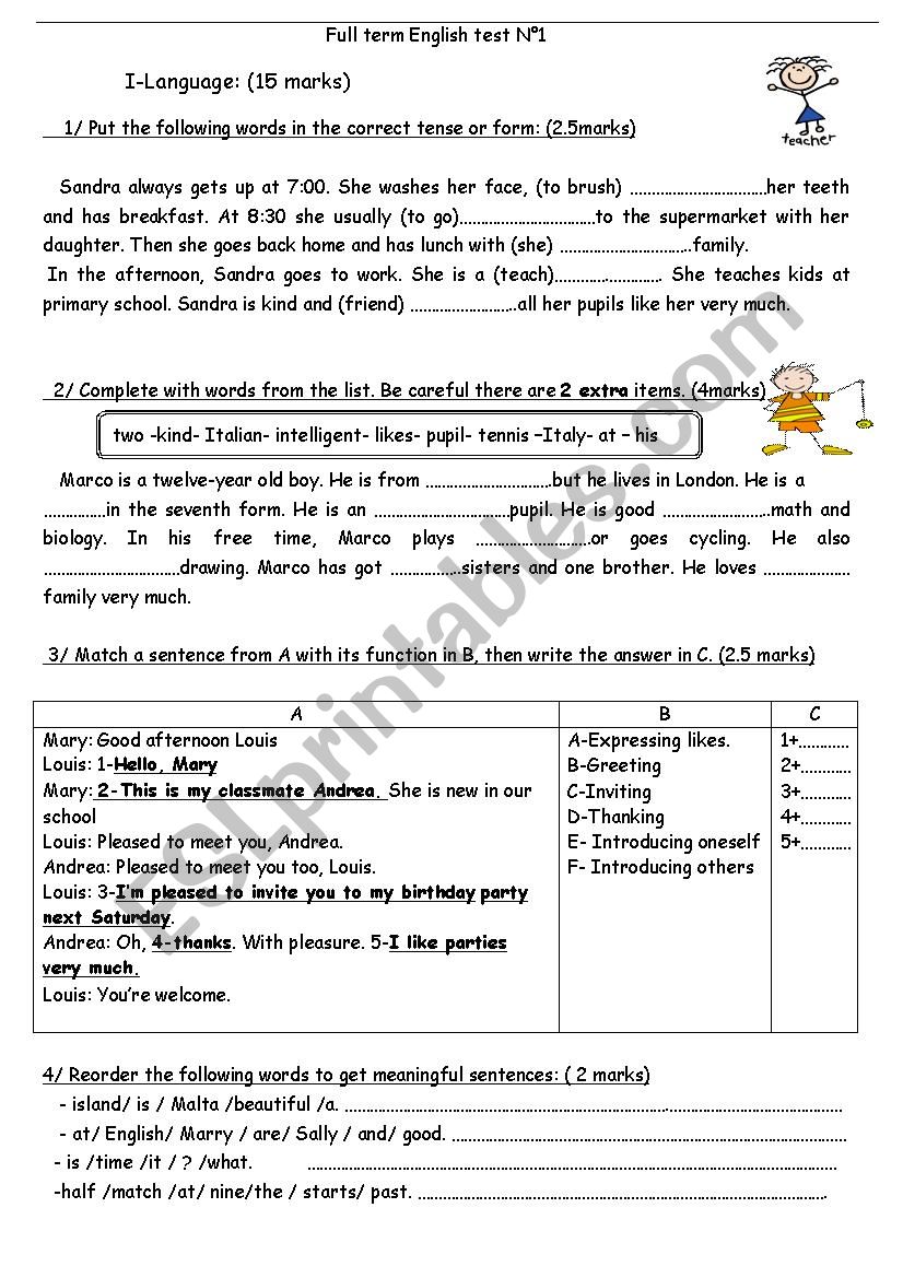 7th form test worksheet