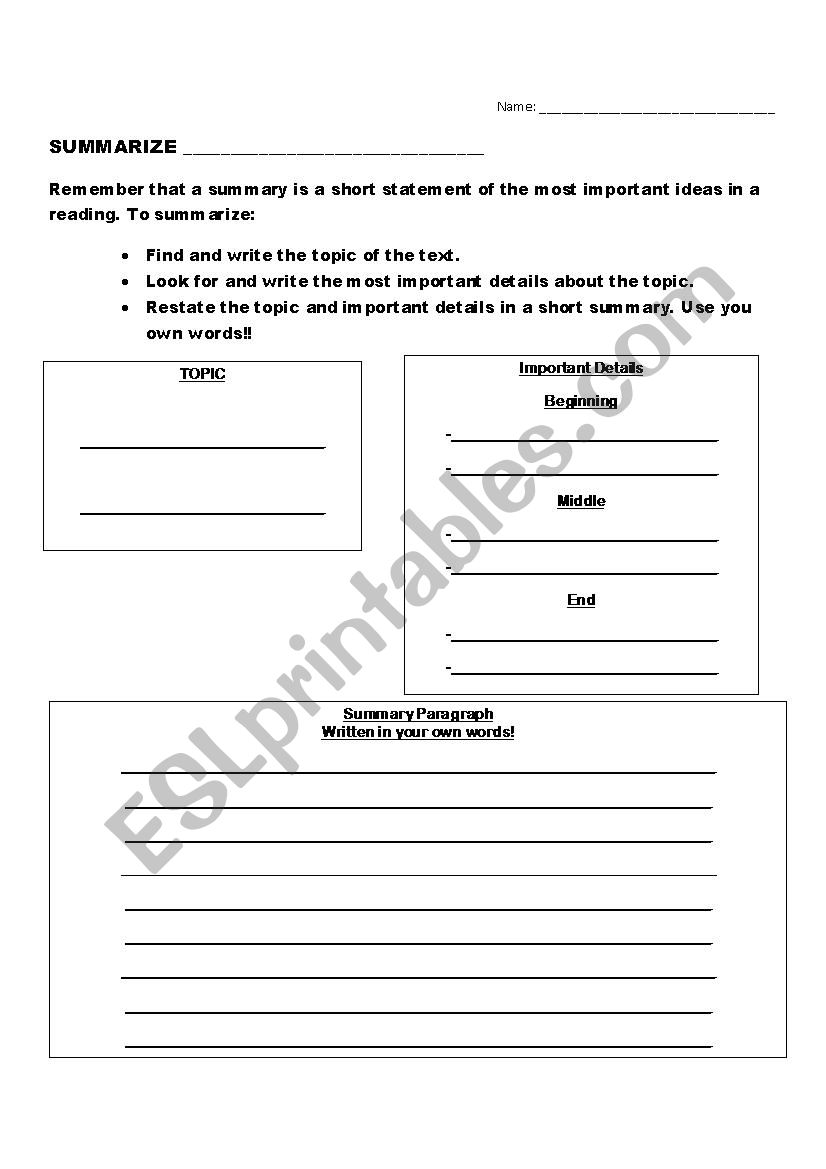 Summarization Chart worksheet