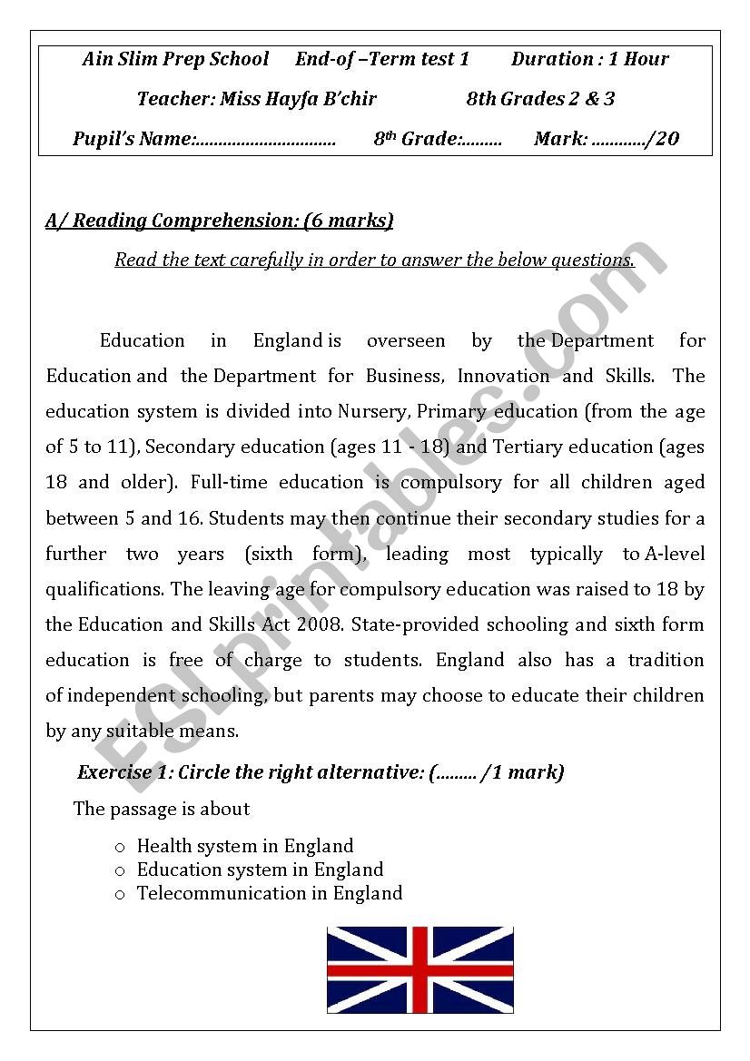 end of term test 8th form (tunisia)