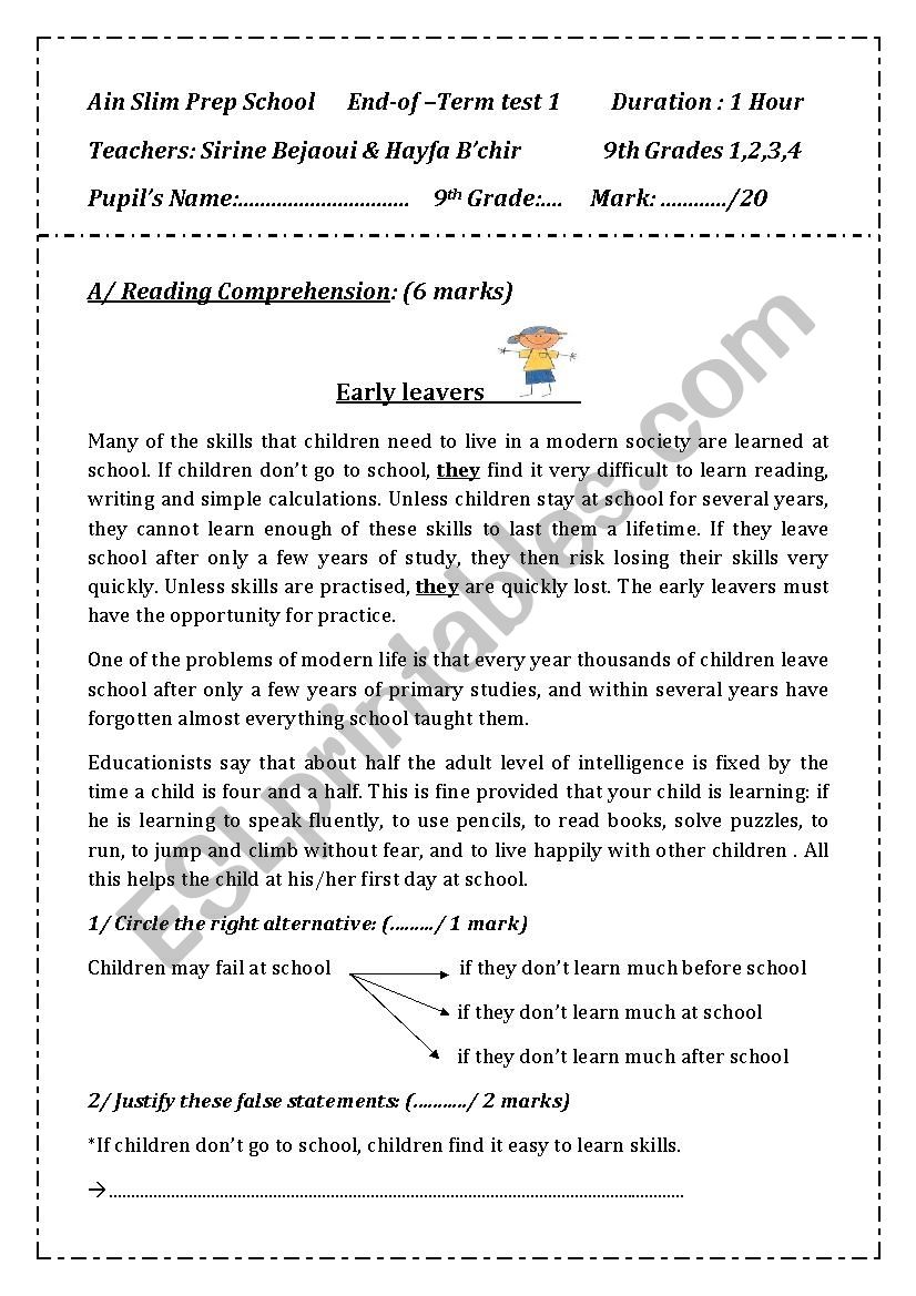 9th form: end of term test 1 (Tunisia)