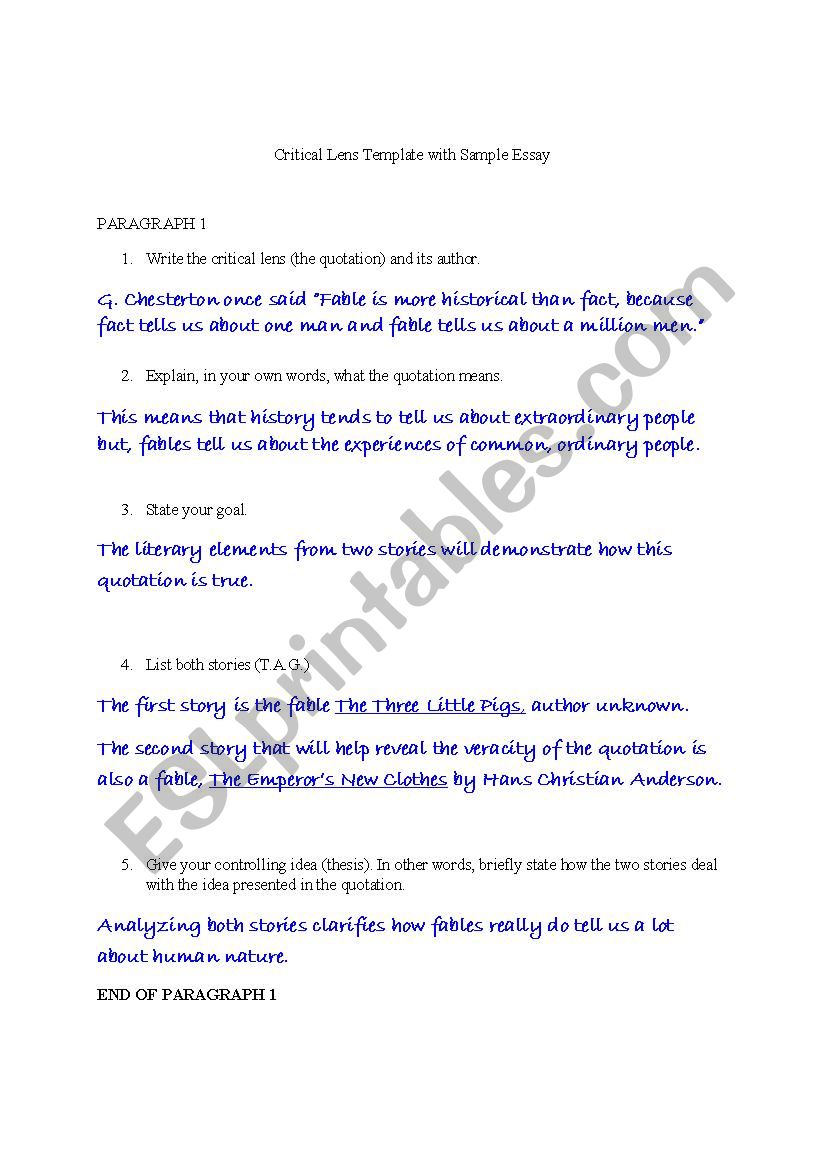 Sample and template for critical lens essay - ESL worksheet by