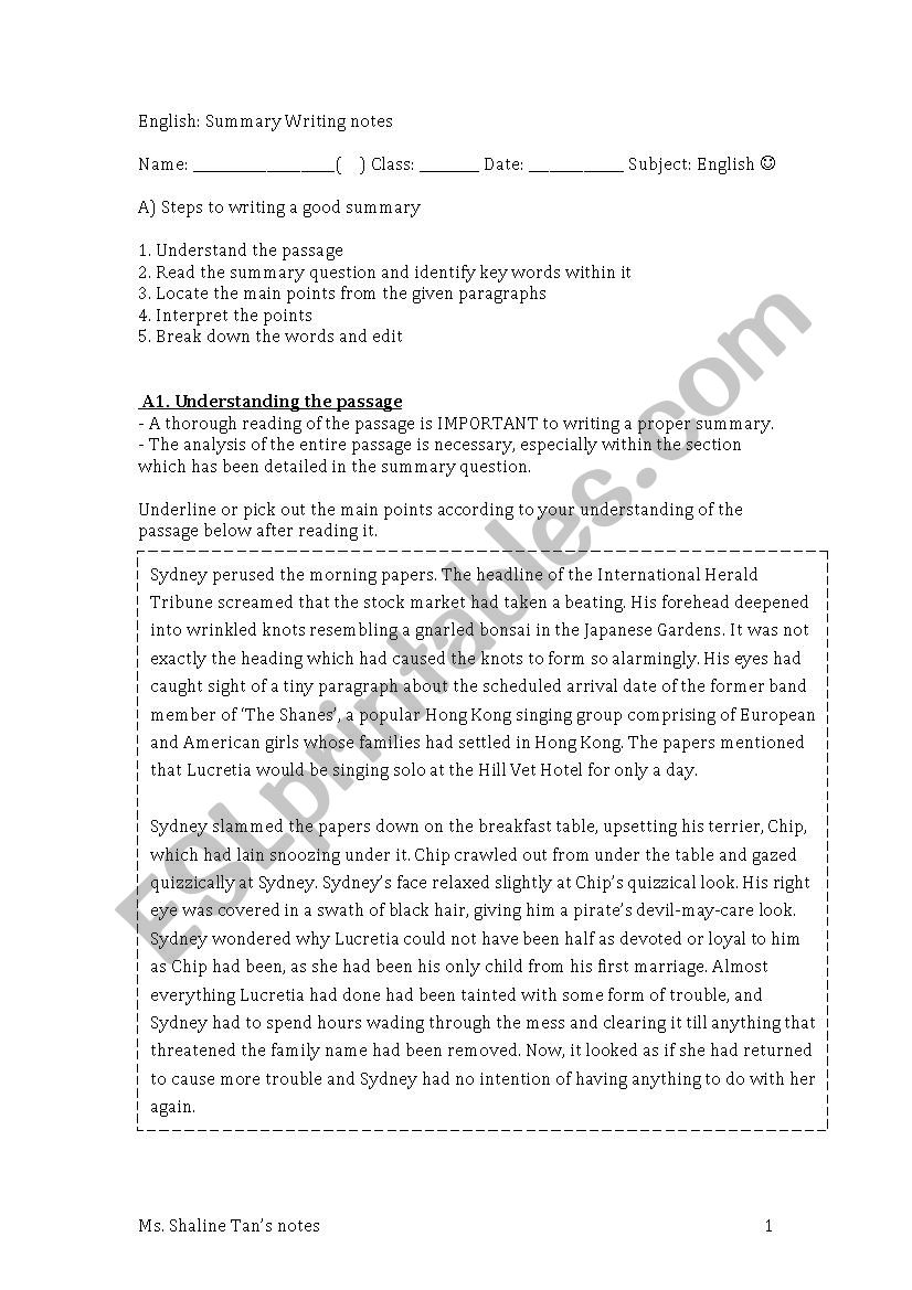 Summary Writing worksheet