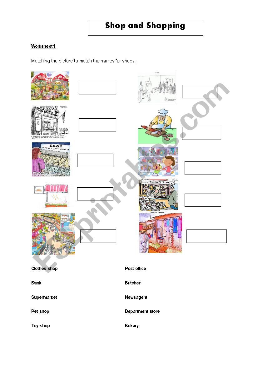 Shop and shopping worksheet
