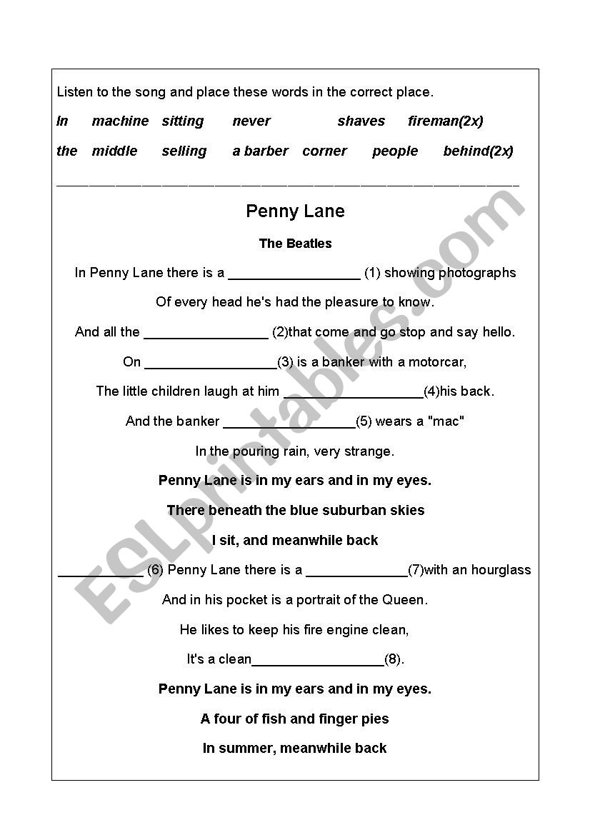 Penny Lane - Song Exercise worksheet