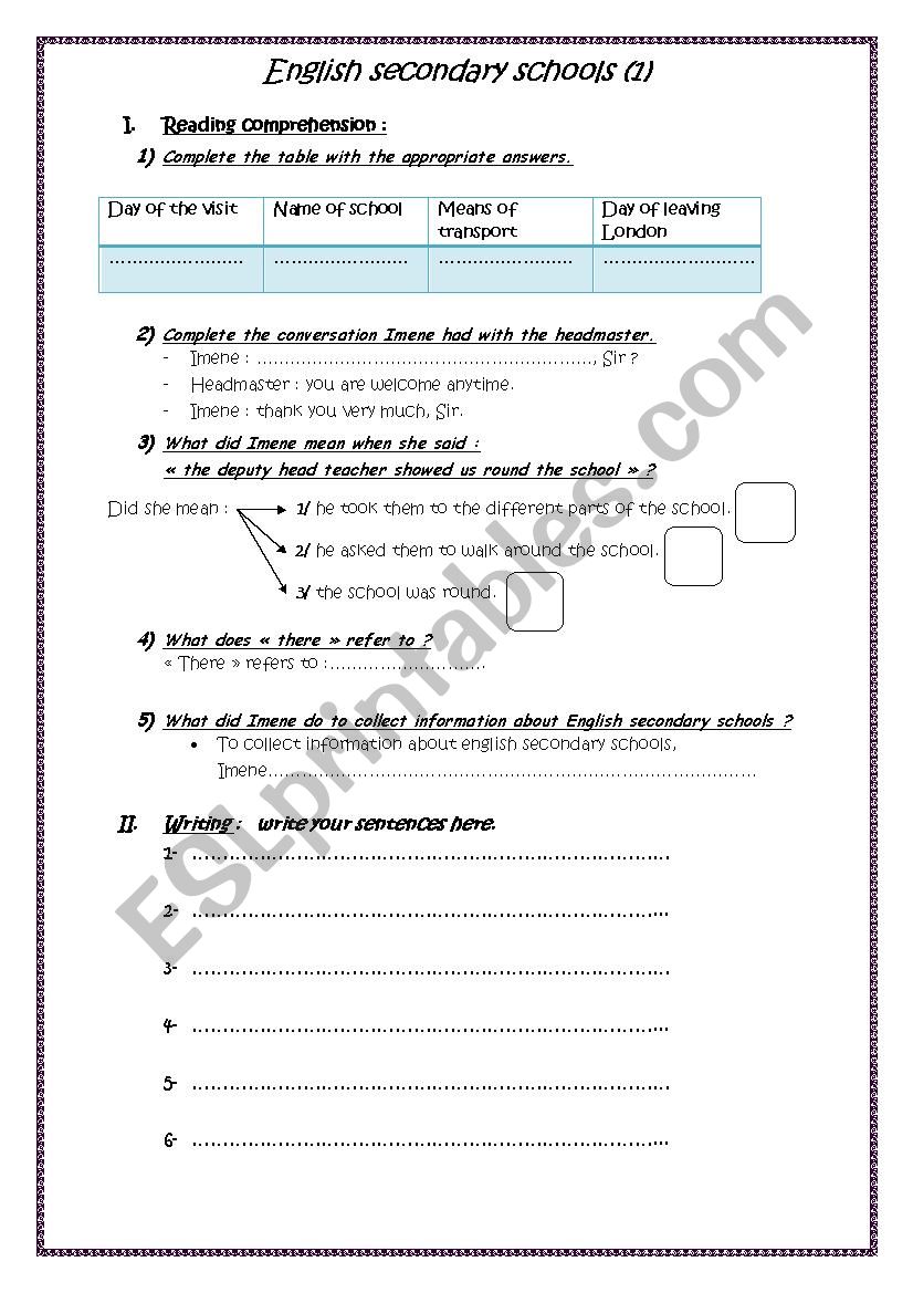 english secondary schools 1 worksheet