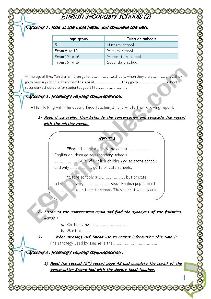 english secondary schools 2 worksheet