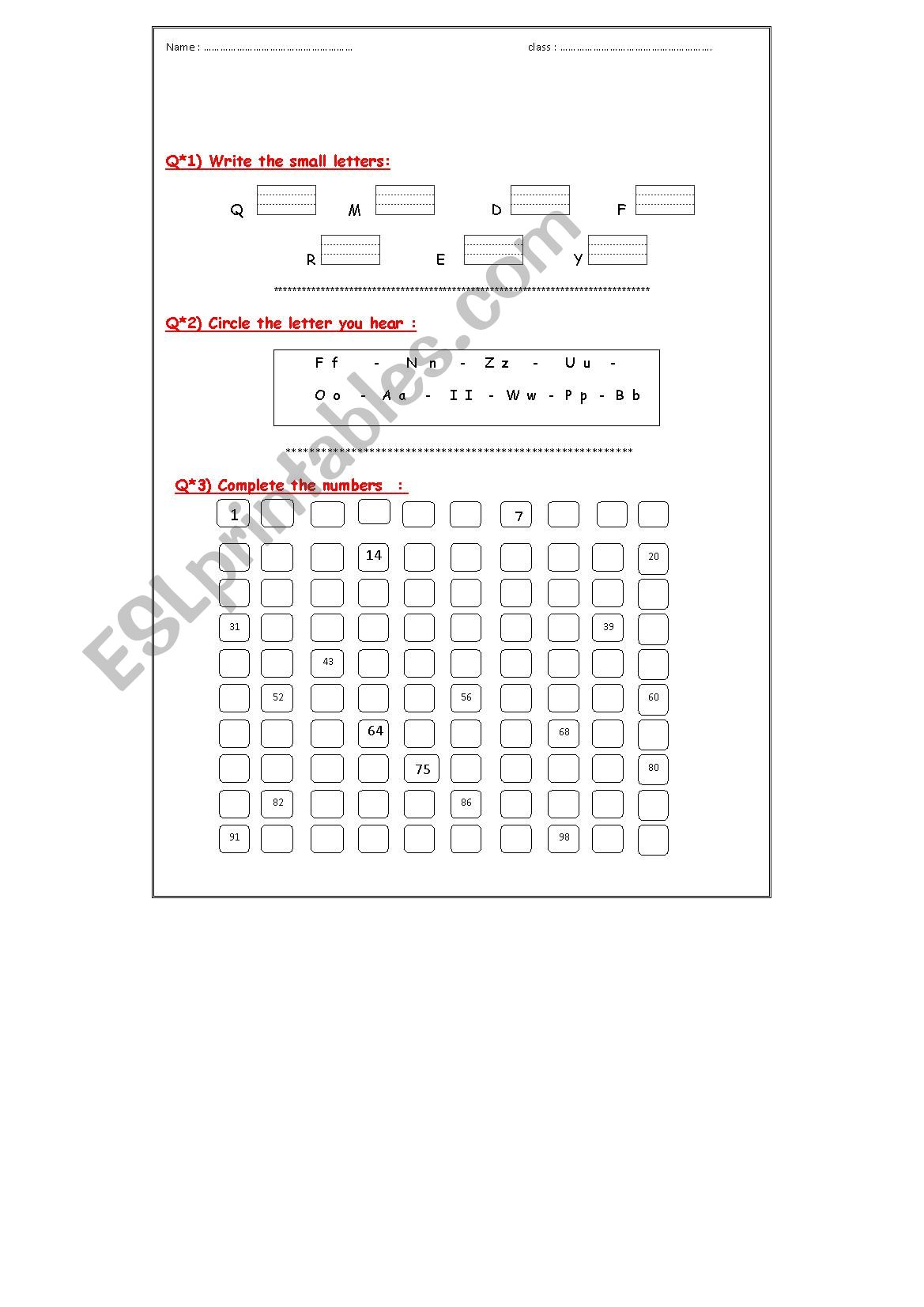 simple quiz - letters and numbers (1 to 100)