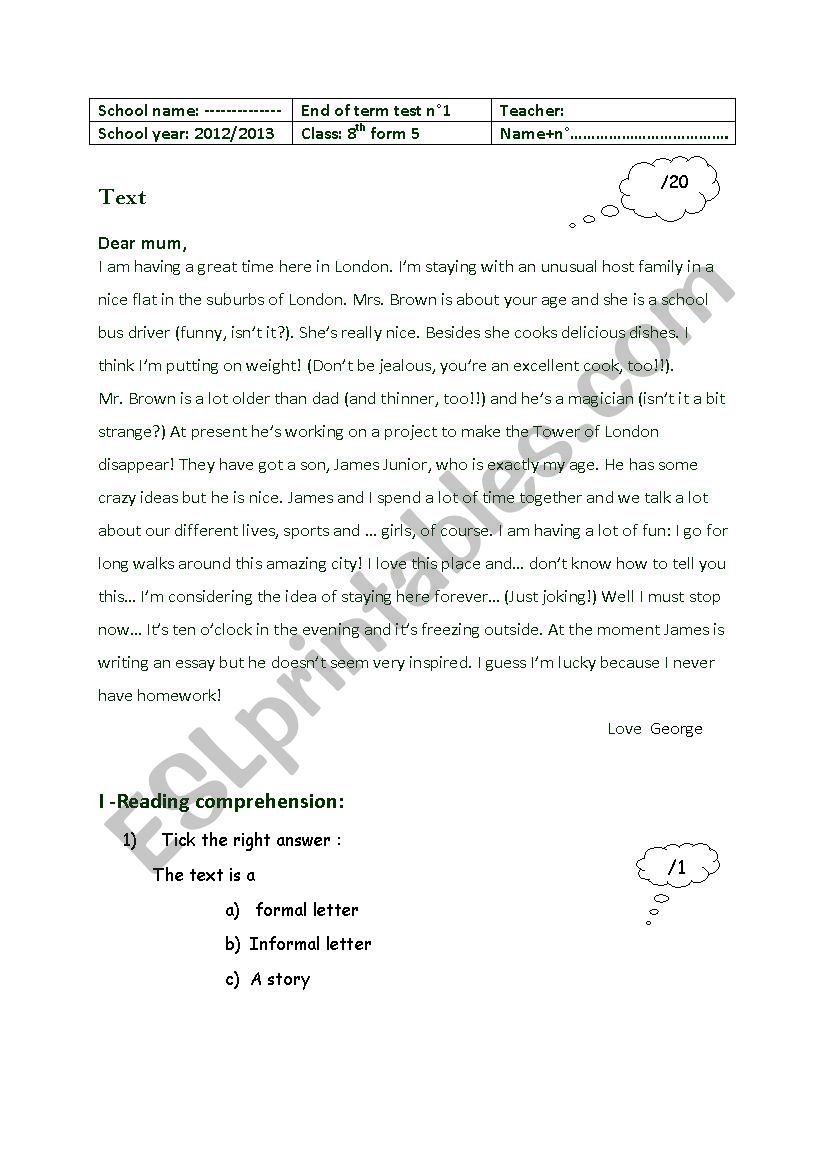 english test  worksheet