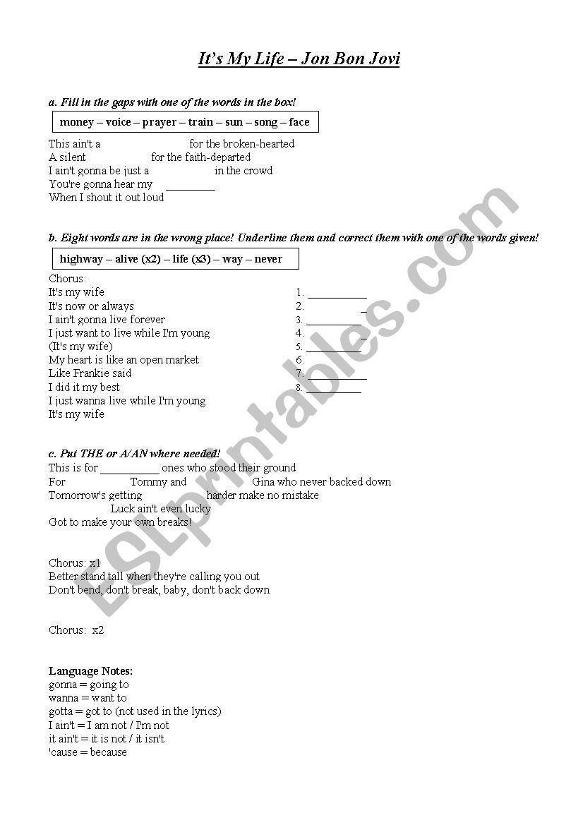 ItÂ´s my life - Jon Bon Jovi worksheet