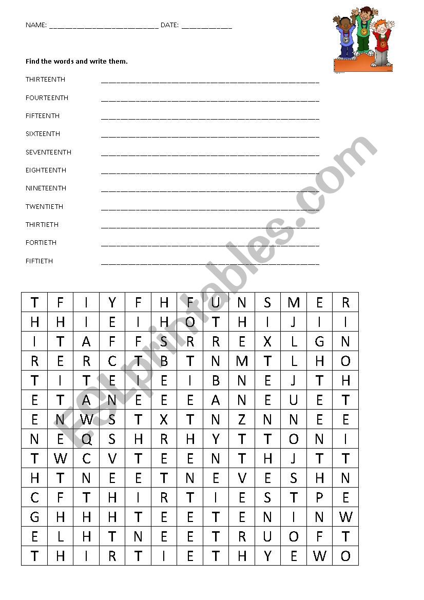 ordinal numbers word search worksheet