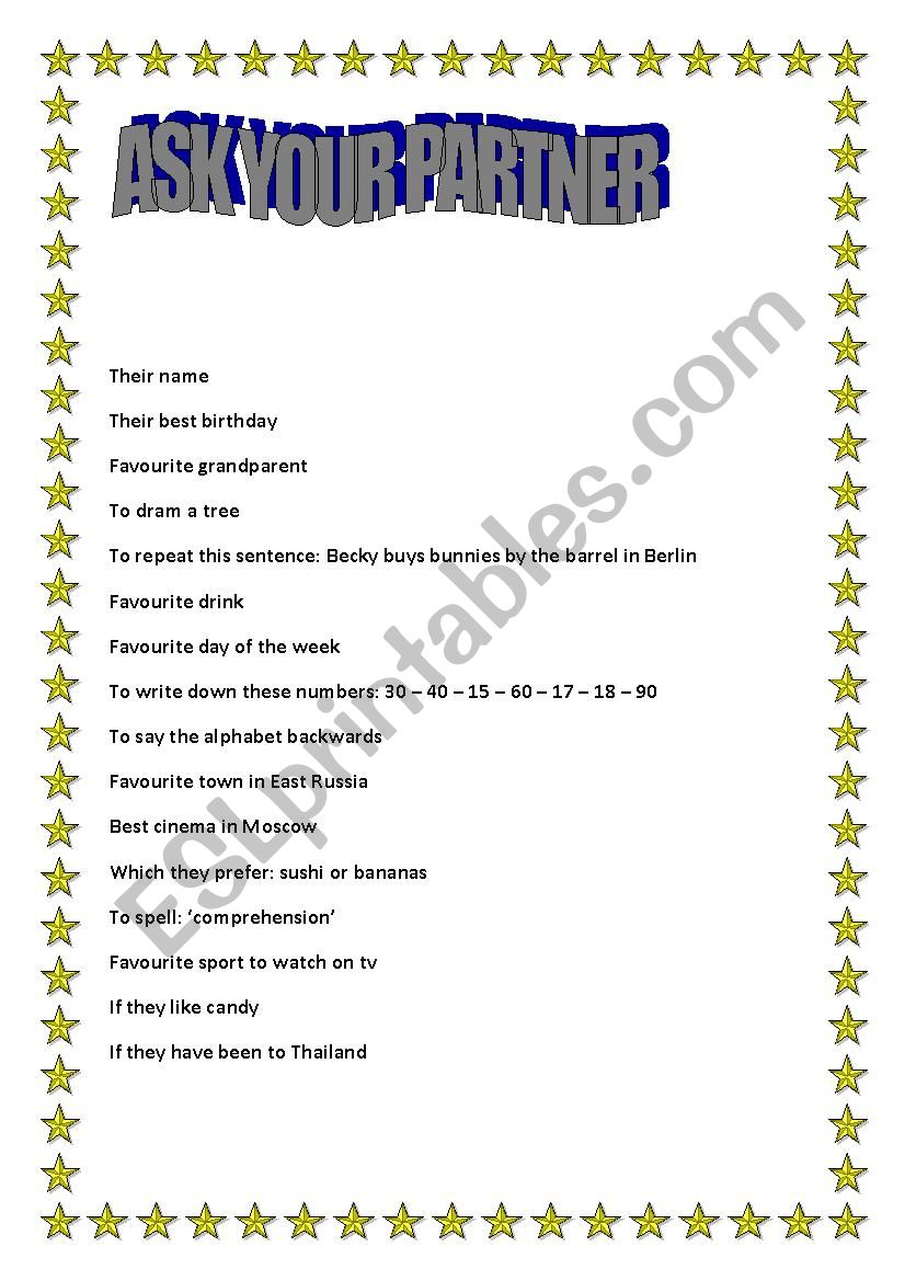 Ask your partner warmer worksheet
