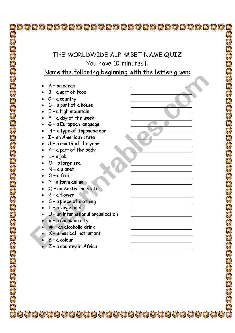 Alphabet name quiz warmer worksheet