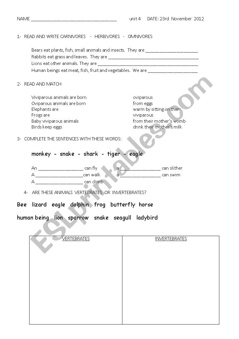 exam about classifications of animals