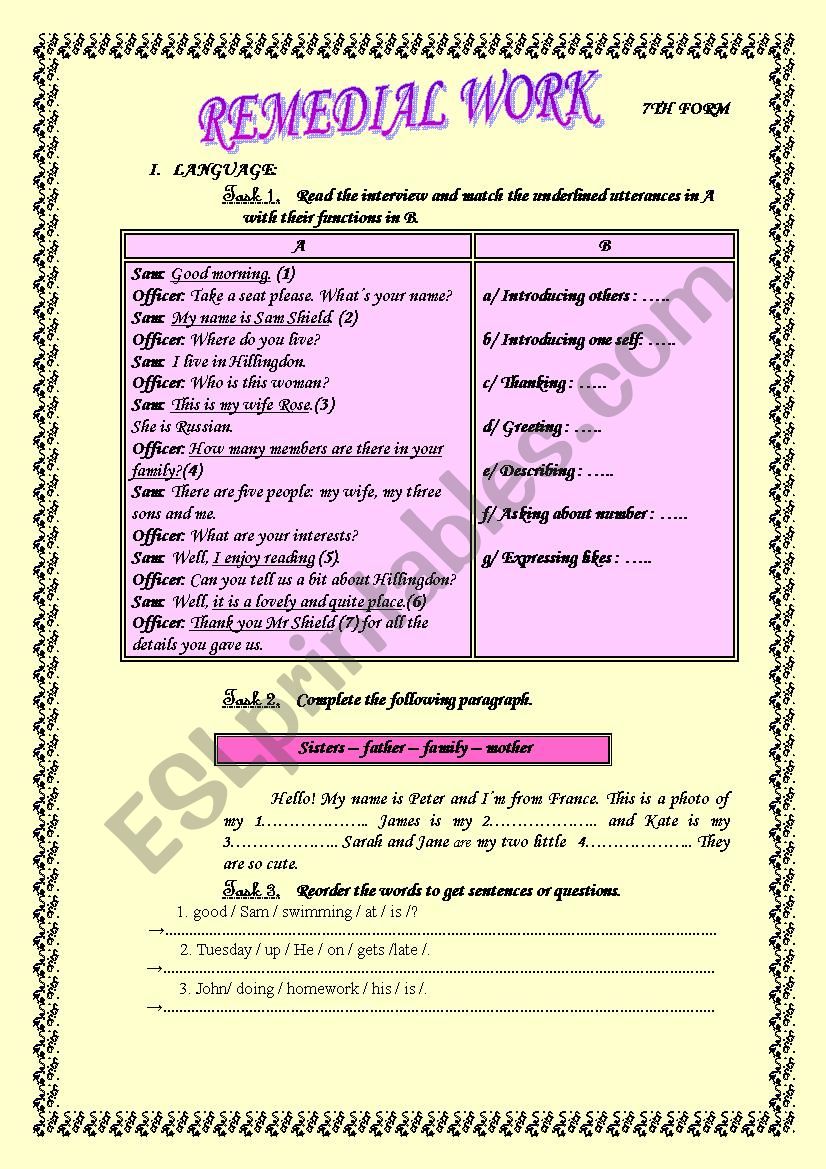 Remedial Work 7th Form worksheet