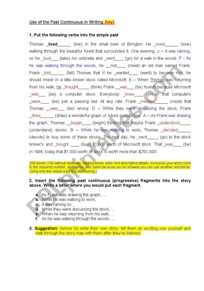 Use of the Past Continuous in Writing (key)