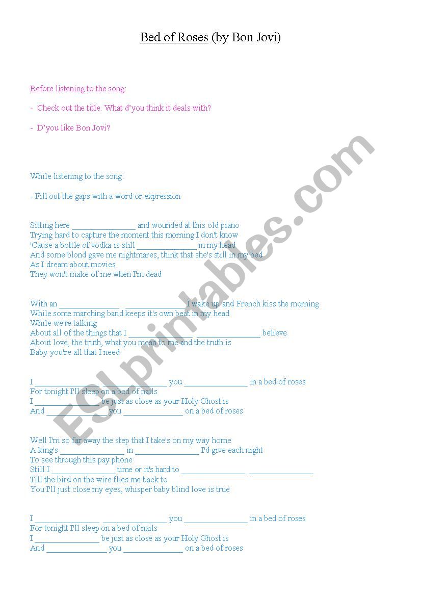 Bed of Roses (by Bon Jovi) worksheet