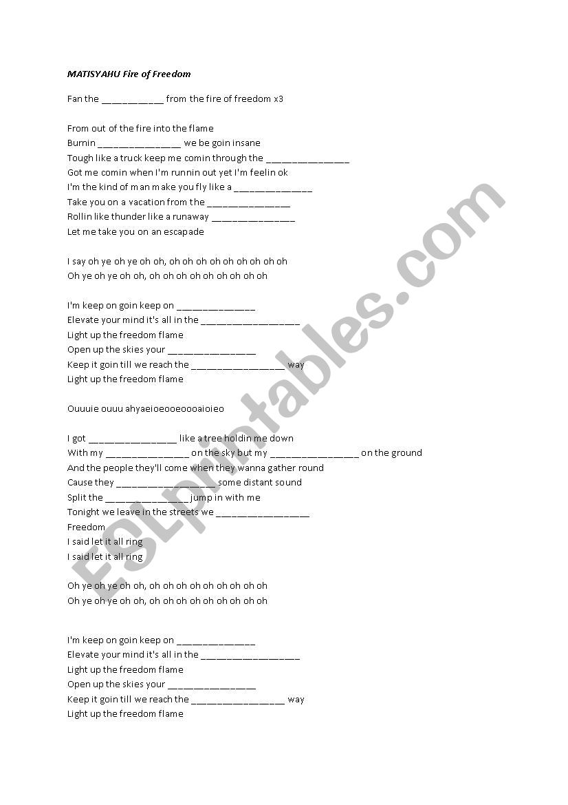 Matisyahu lyrics to fill in worksheet