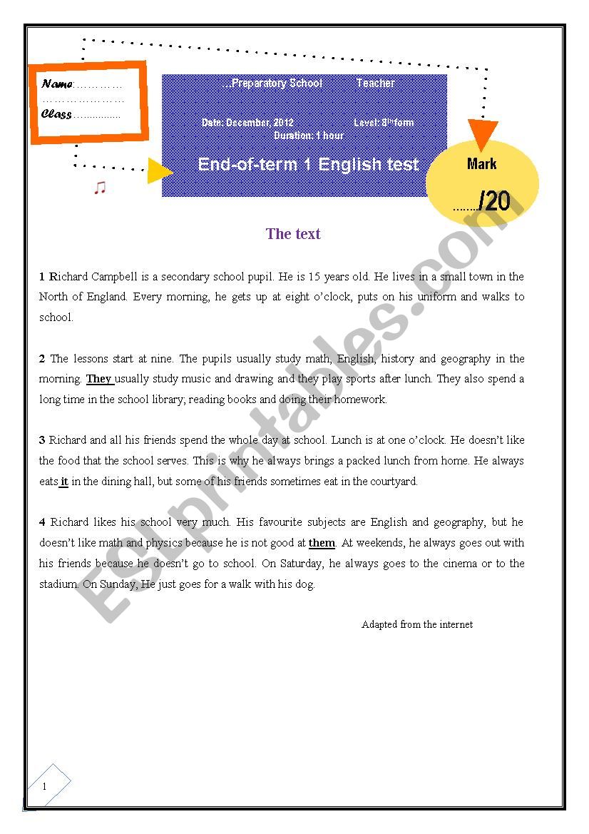 end of term 1 English test worksheet