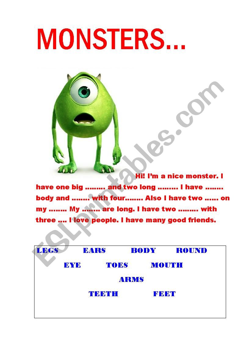 Monsters.Body parts worksheet