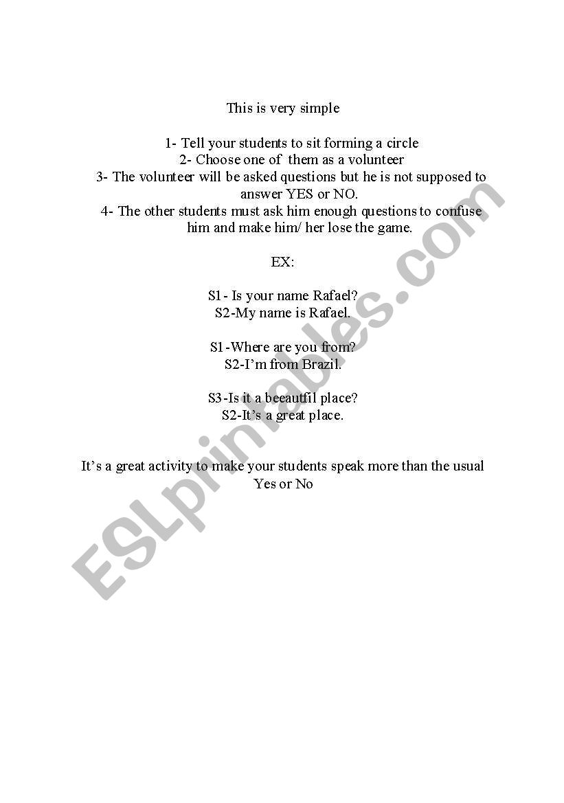 Yes or No game worksheet
