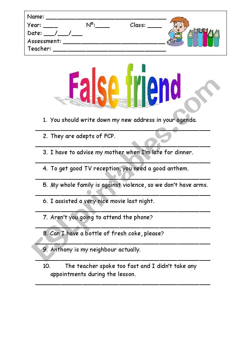 False Friend worksheet