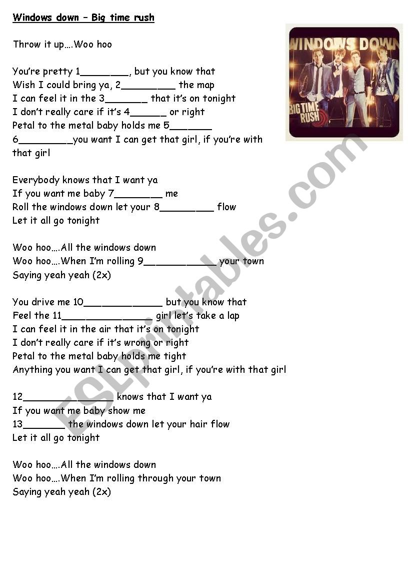 WIndows Down - Big Time Rush worksheet