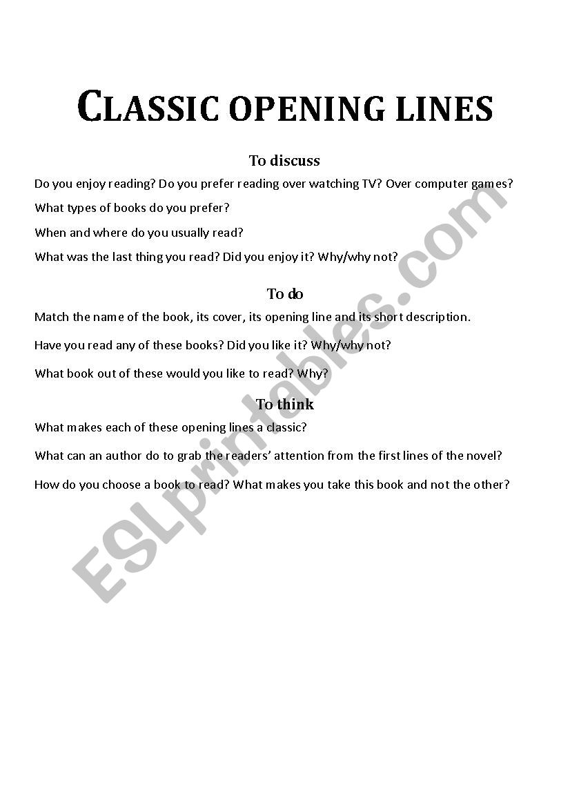 Classic Opening Lines - ESL worksheet by Allesfit