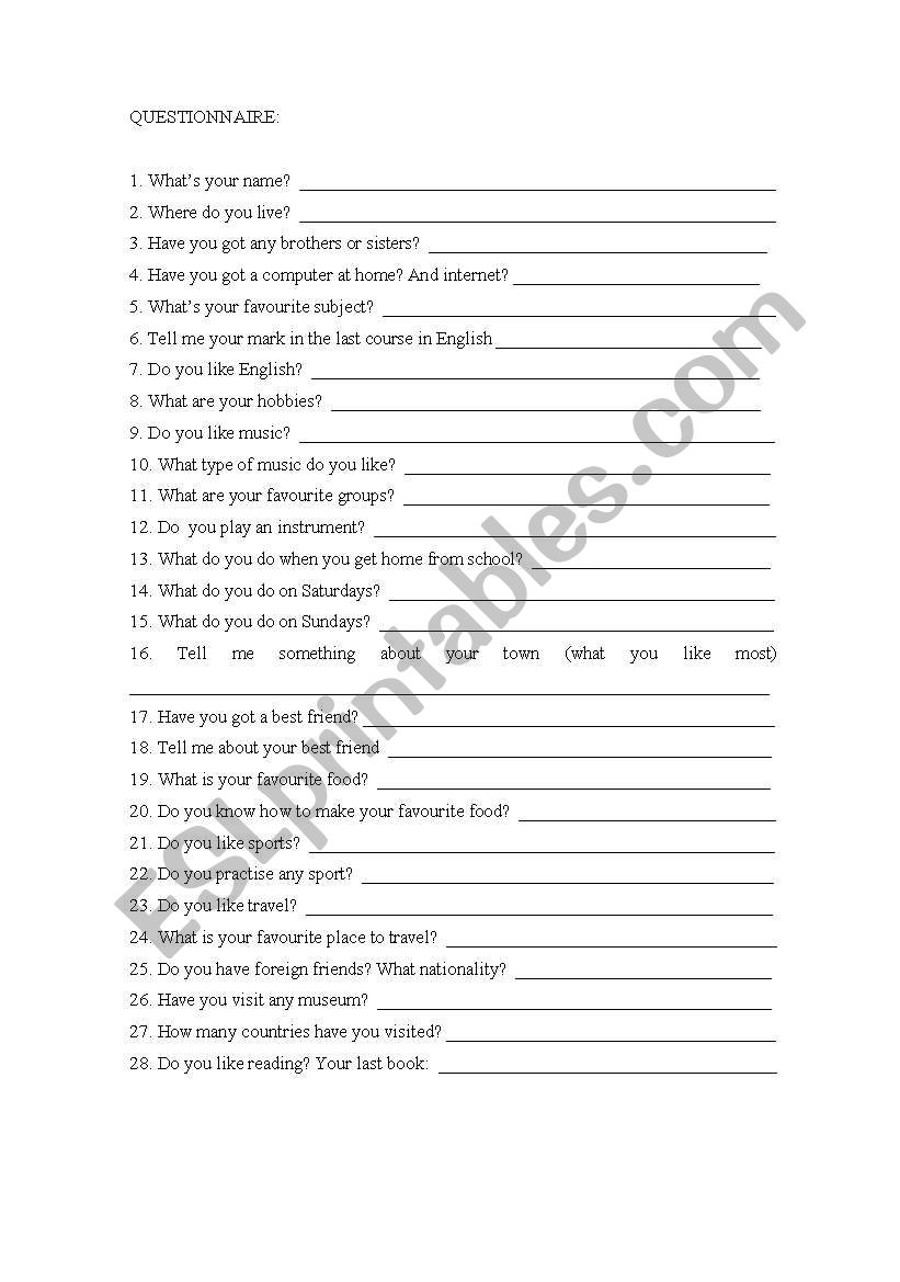 Questionaire to know students worksheet
