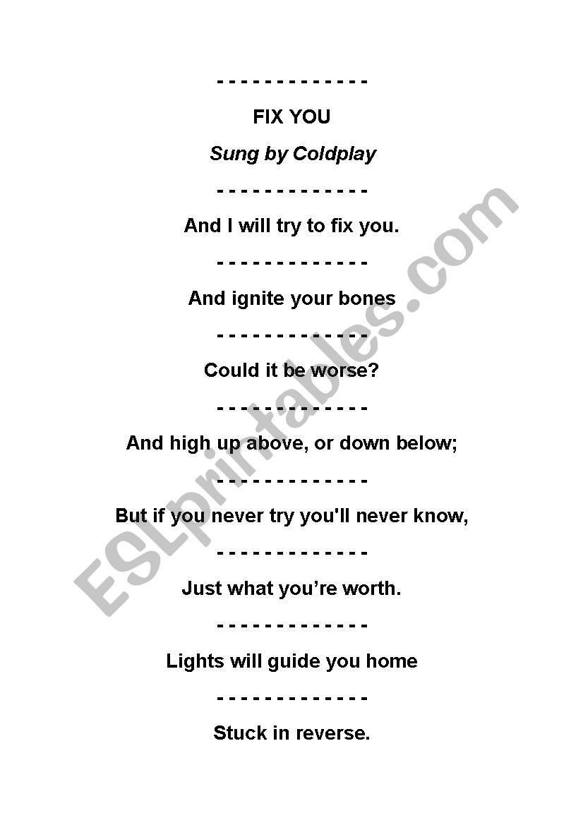 Fix you SONG worksheet
