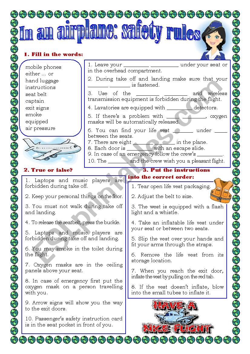 In an airplane: safety rules worksheet
