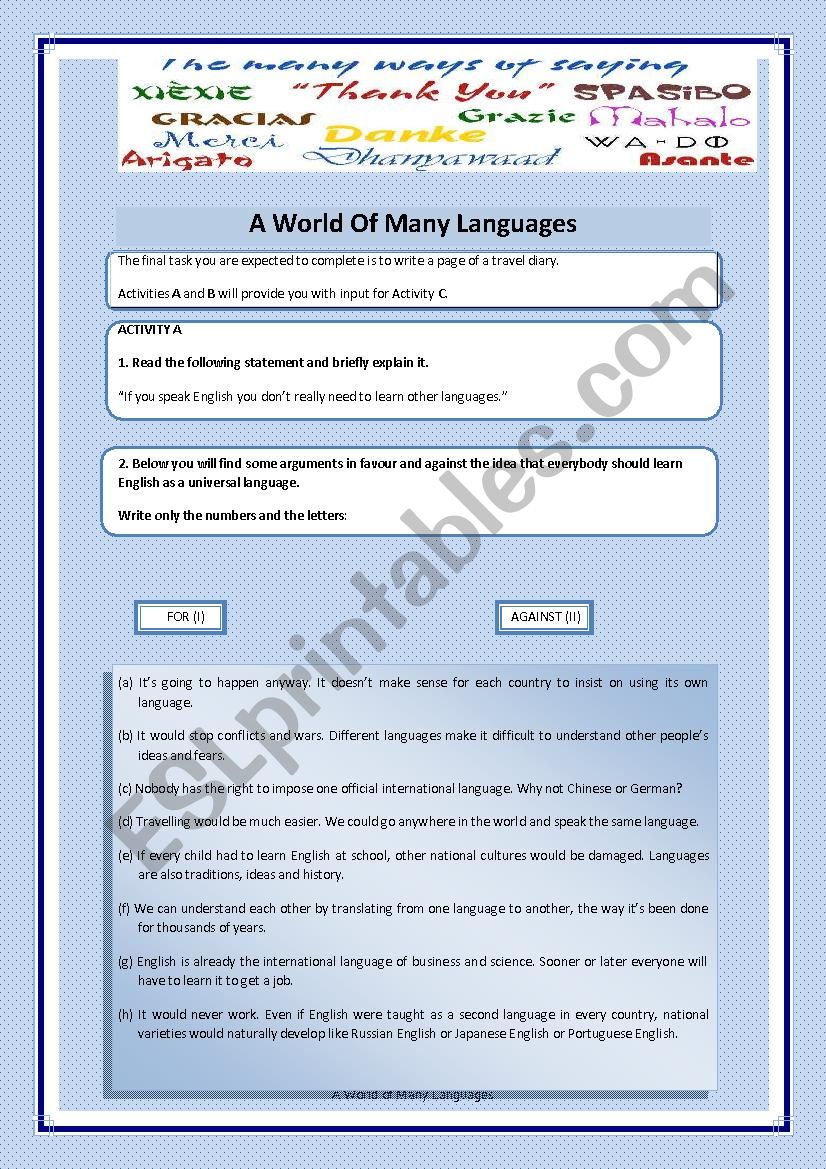 Task based test: A World of Many Languages