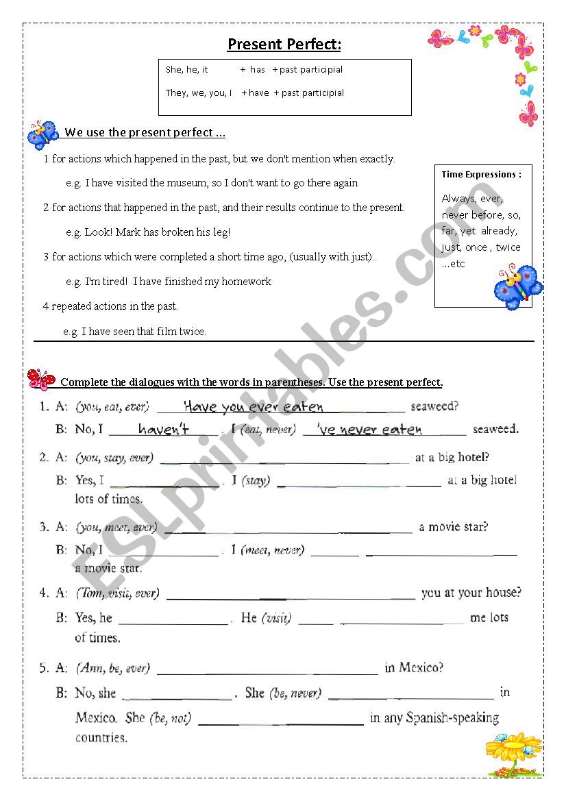 present perfect worksheet