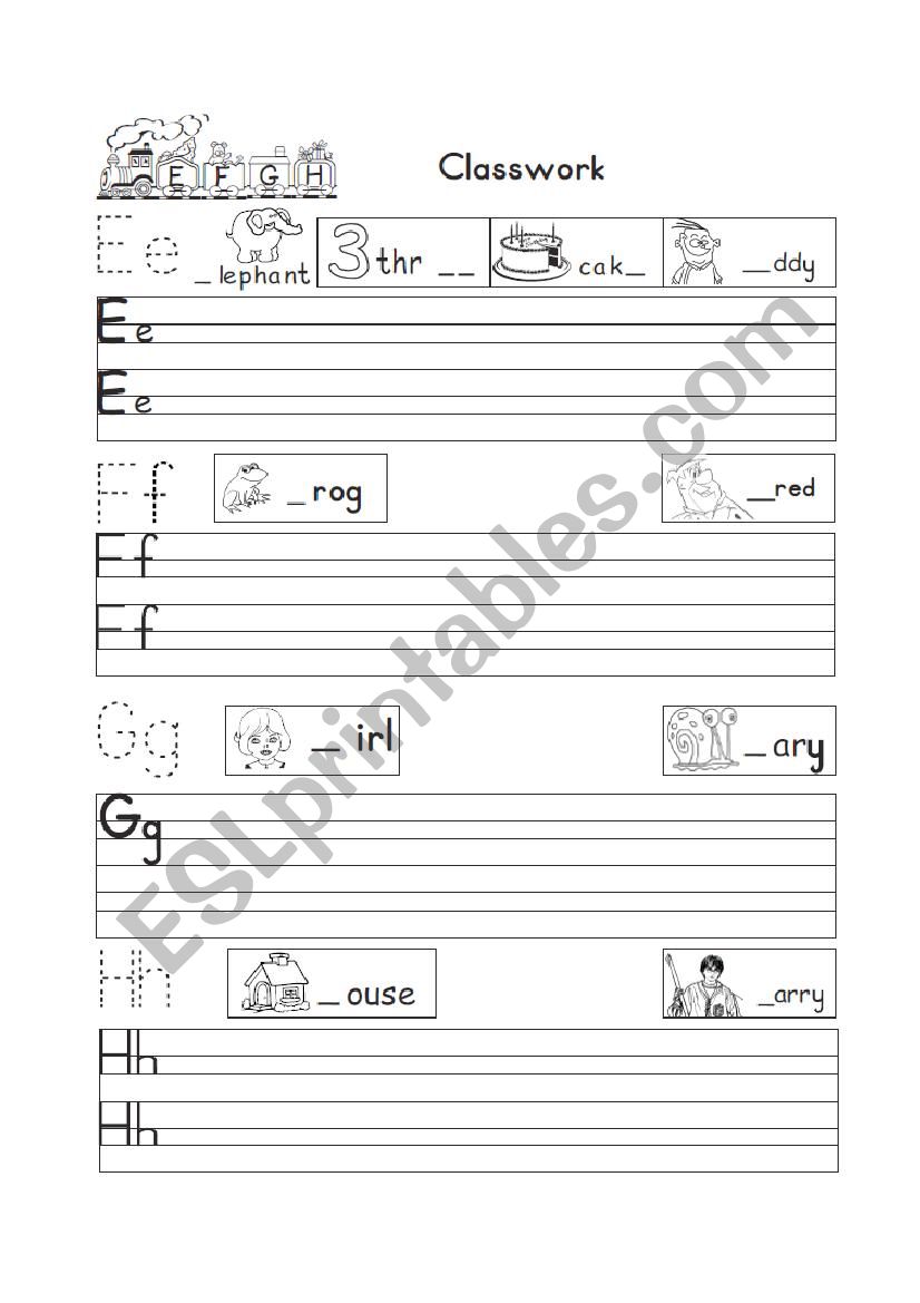 Writing letters e,f,g,h worksheet