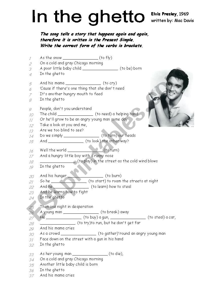 Present simple and continuous with In the Ghetto by Elvis (2 pages)