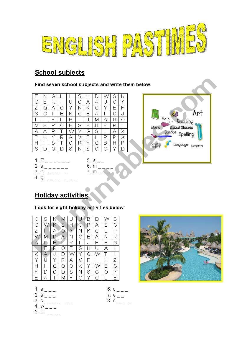 Pastimes worksheet