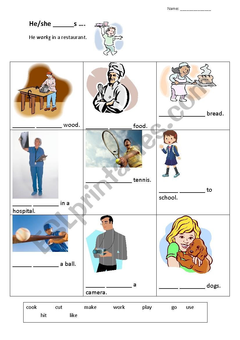 Present simple tense. He/she verbs worksheet