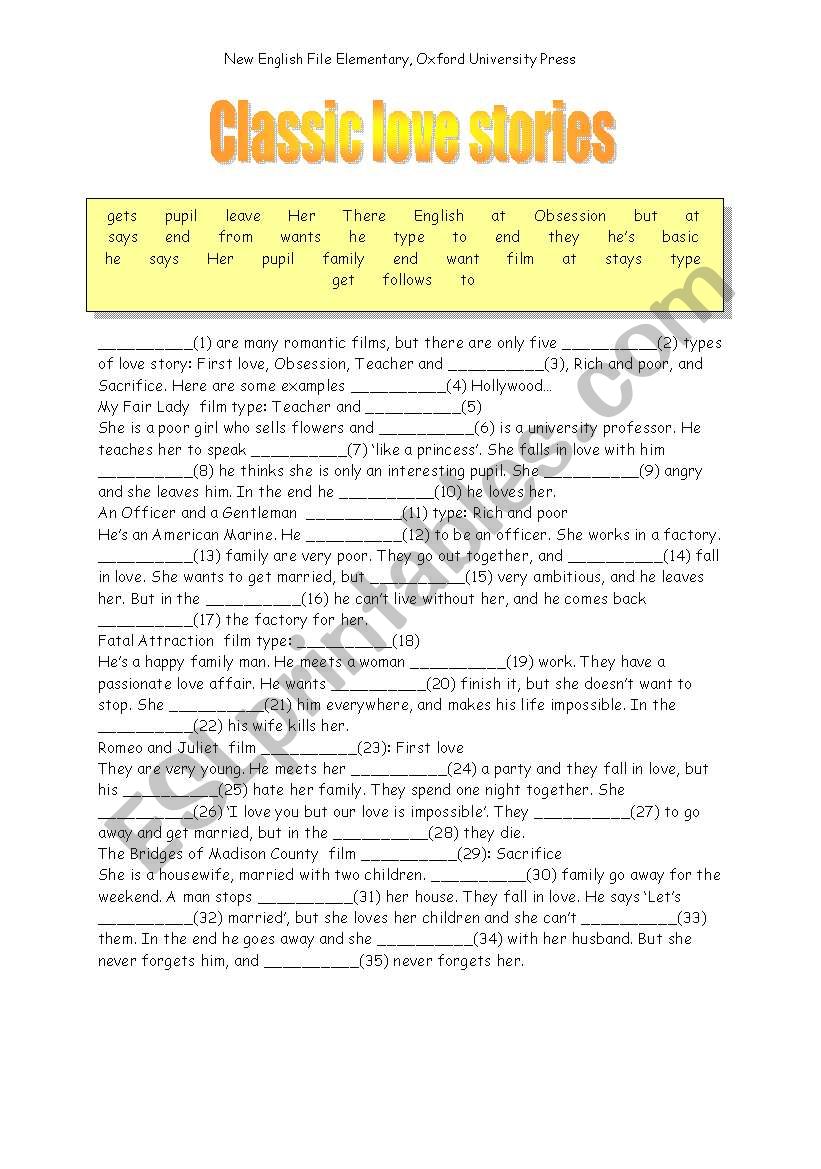 Classic love stories worksheet