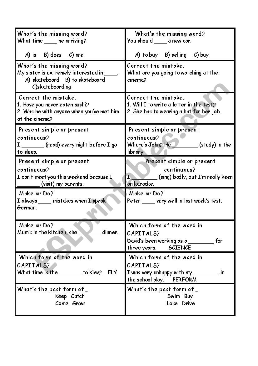 Revision cards for Cutting Edge Pre intermediate modules 1-5