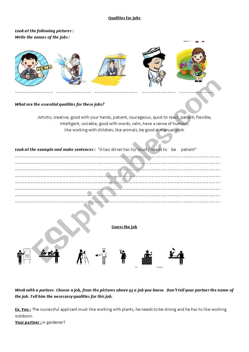 Qualities for jobs worksheet