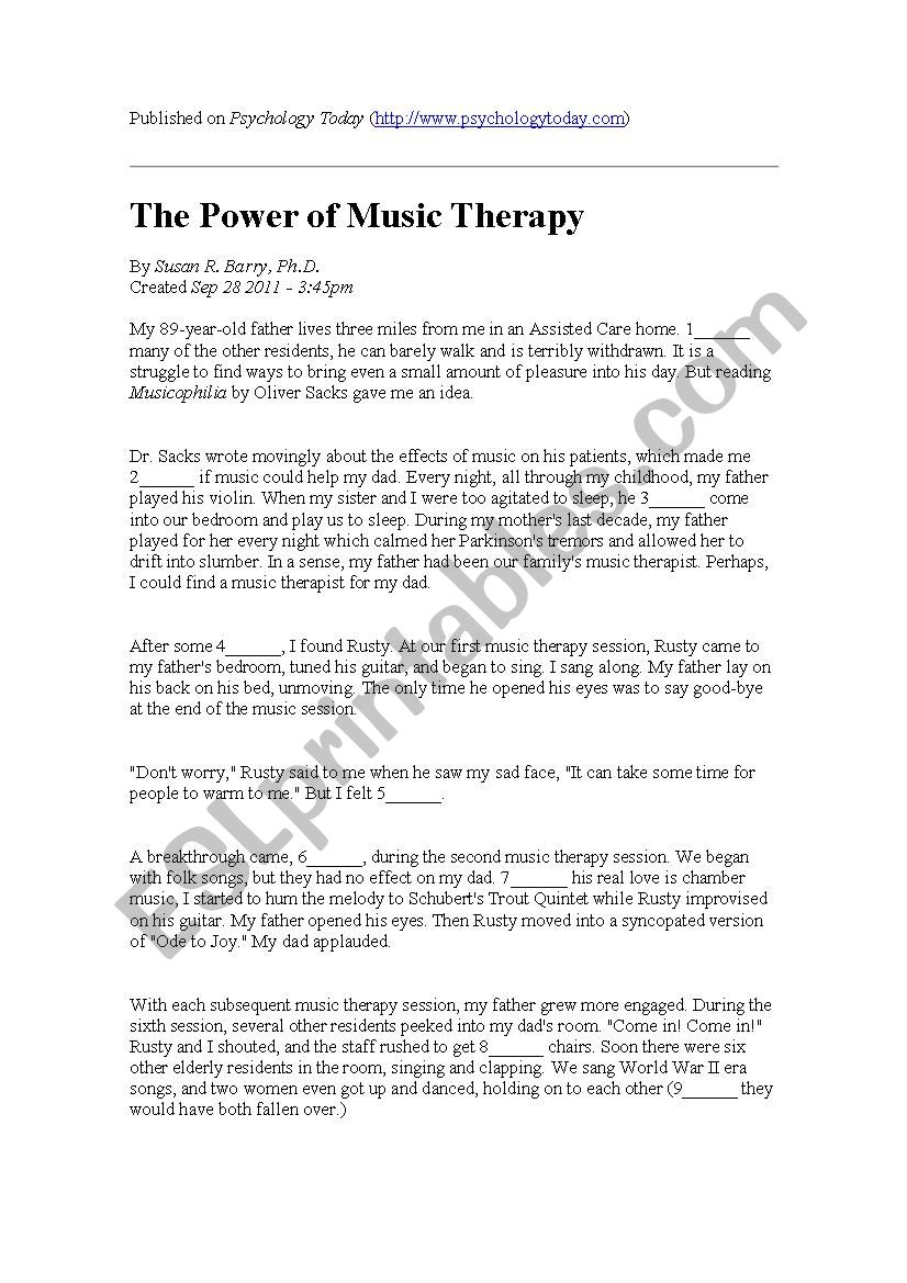 The Power of Music Therapy worksheet