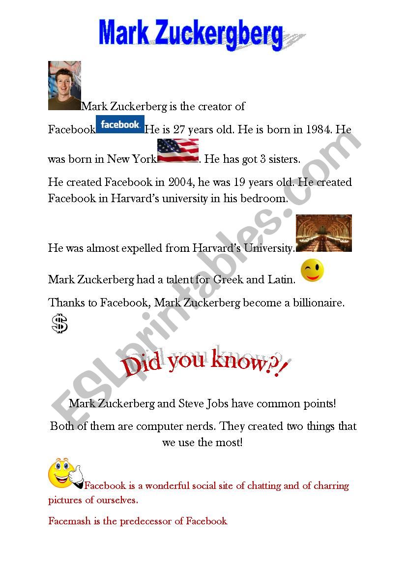 Biography Mark Zuckerberg  worksheet