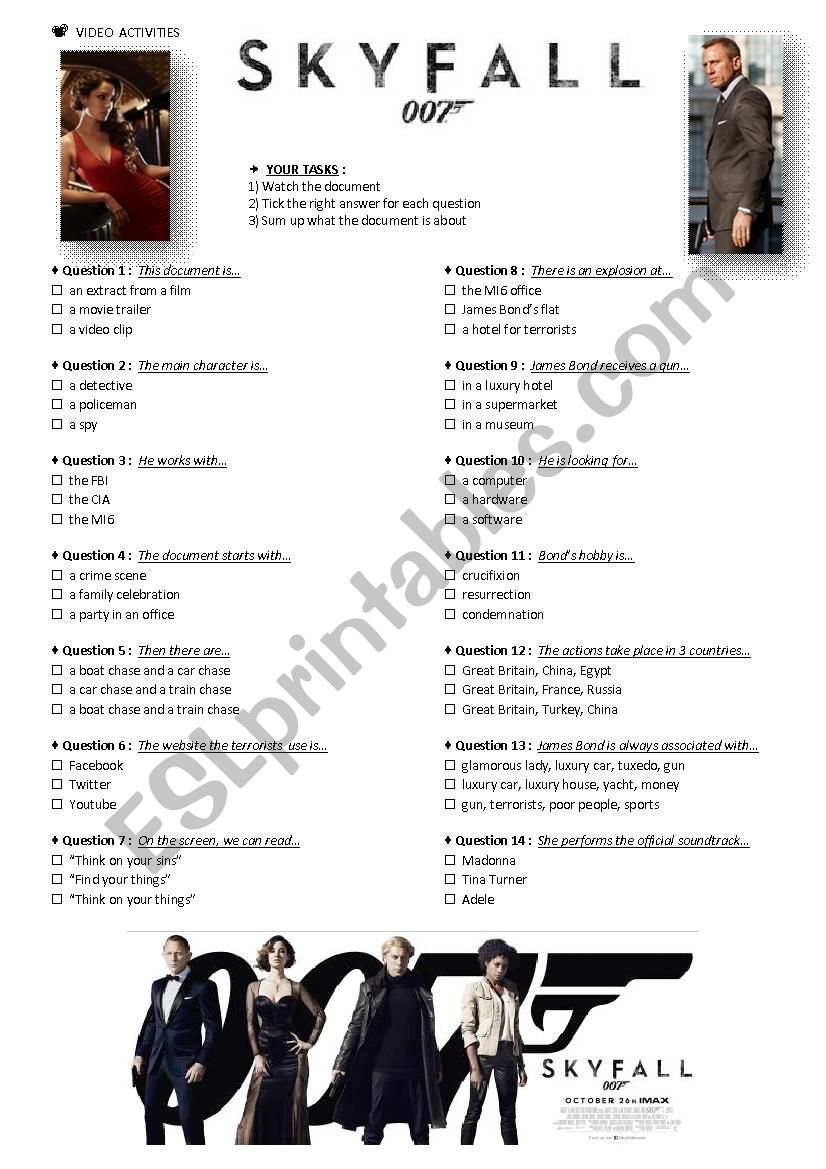 SKYFALL - movie trailer worksheet