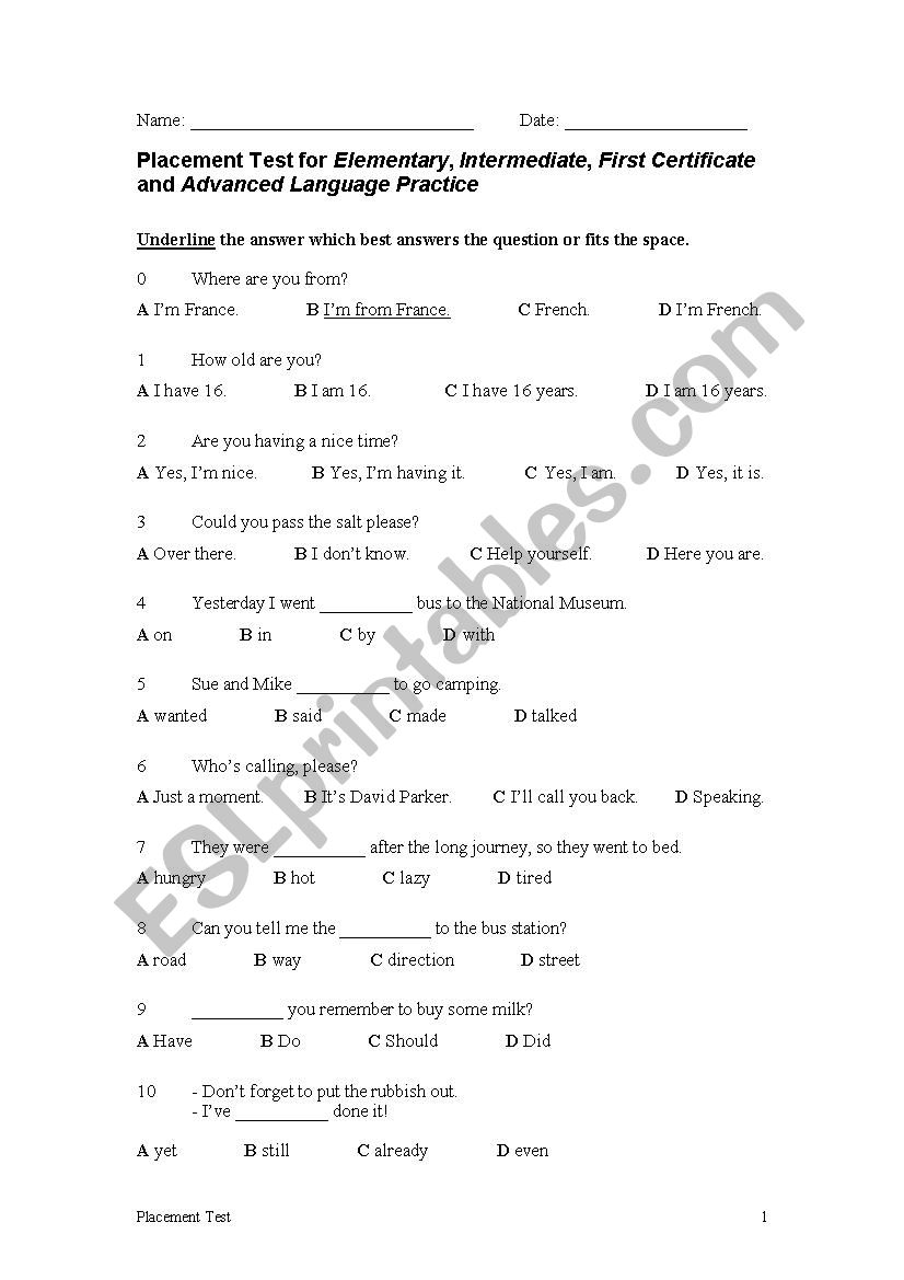 Placement test worksheet