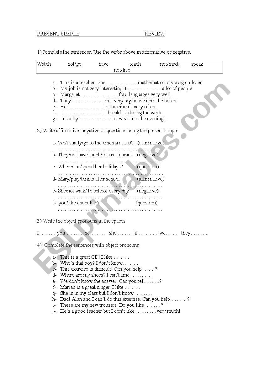 PRESENT SIMPLE REVIEW worksheet