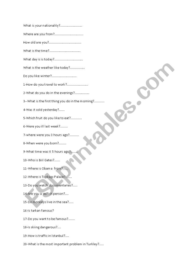 free questions worksheet