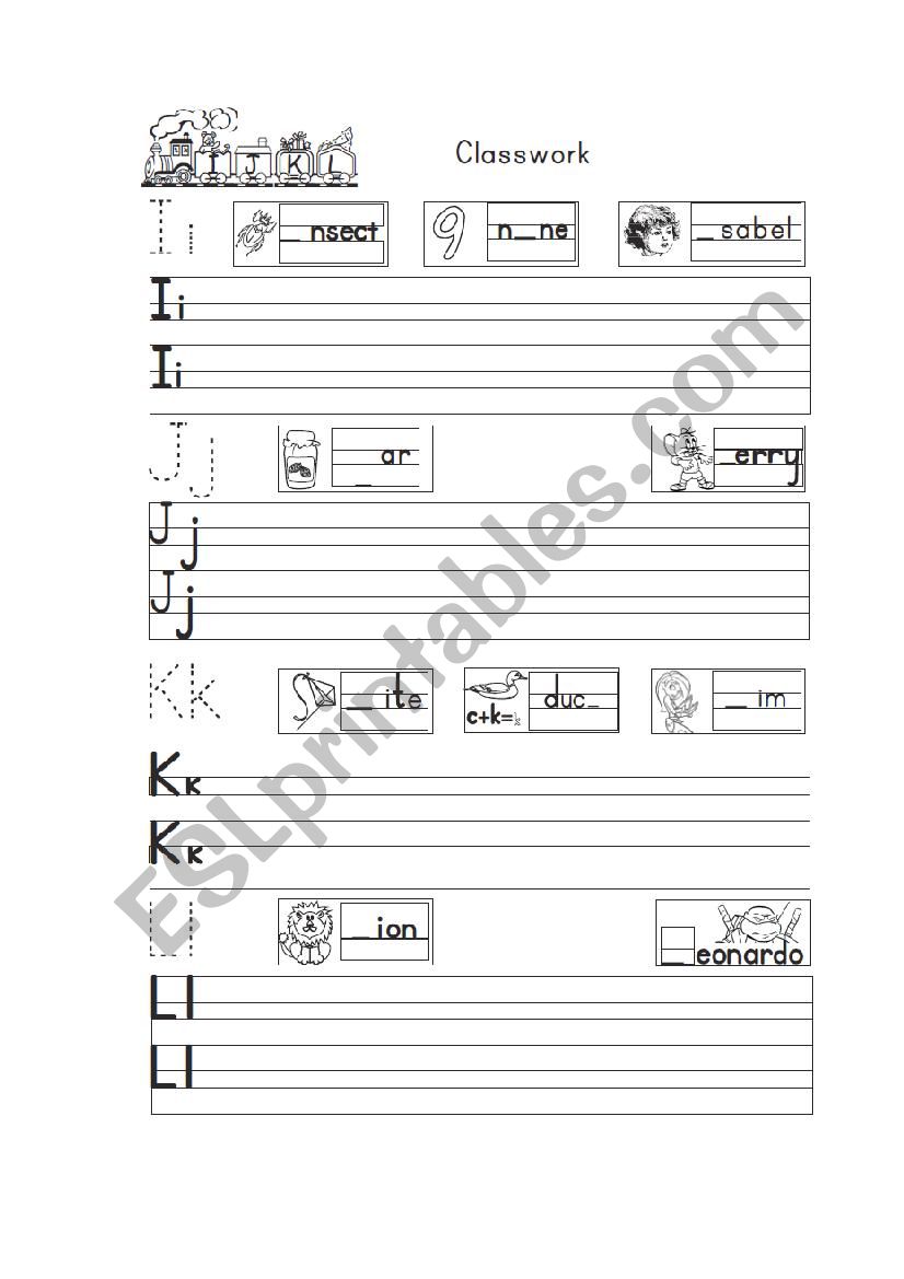 Writing letters i,j,k,l worksheet