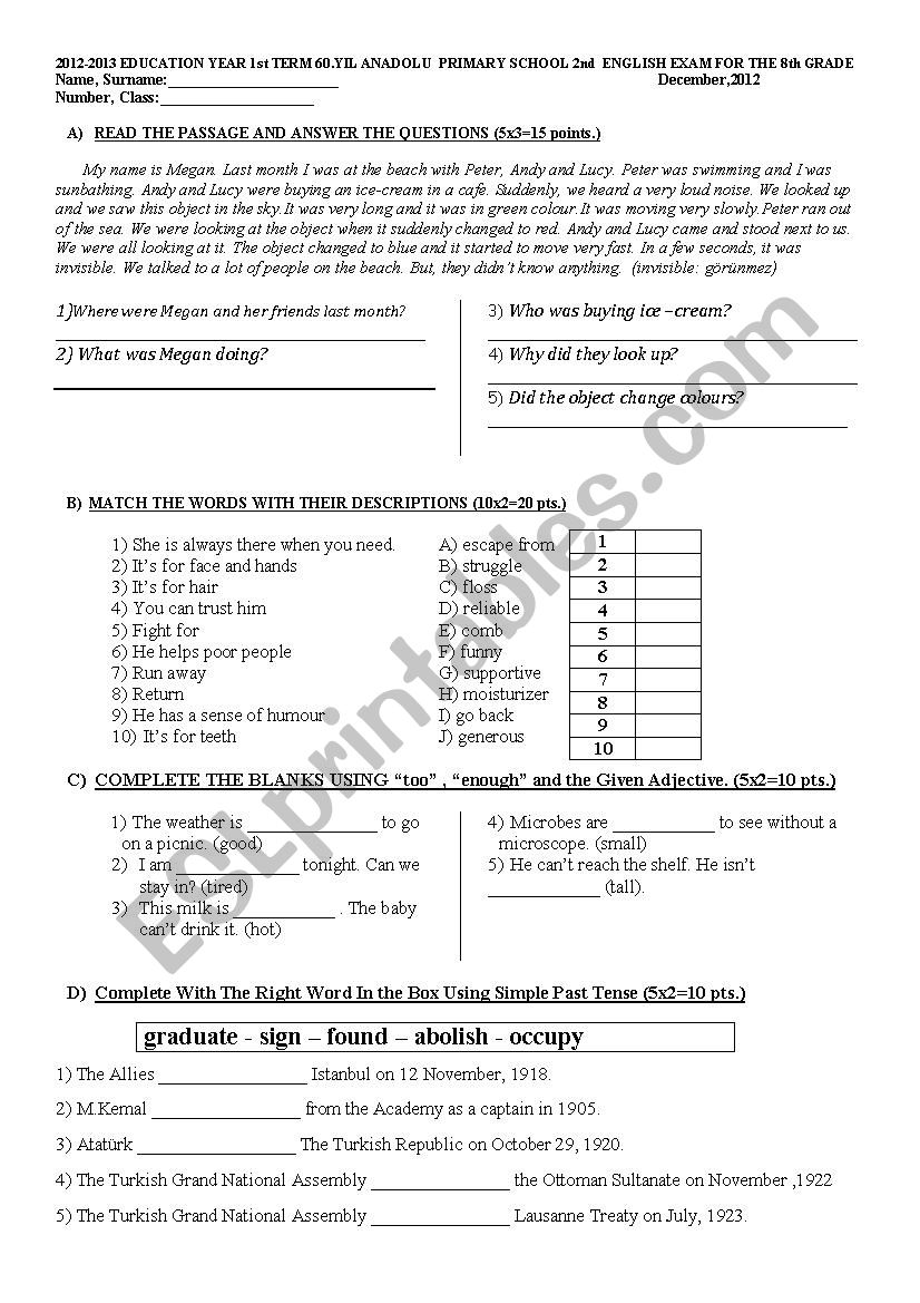 8th Grade English Worksheet Packet