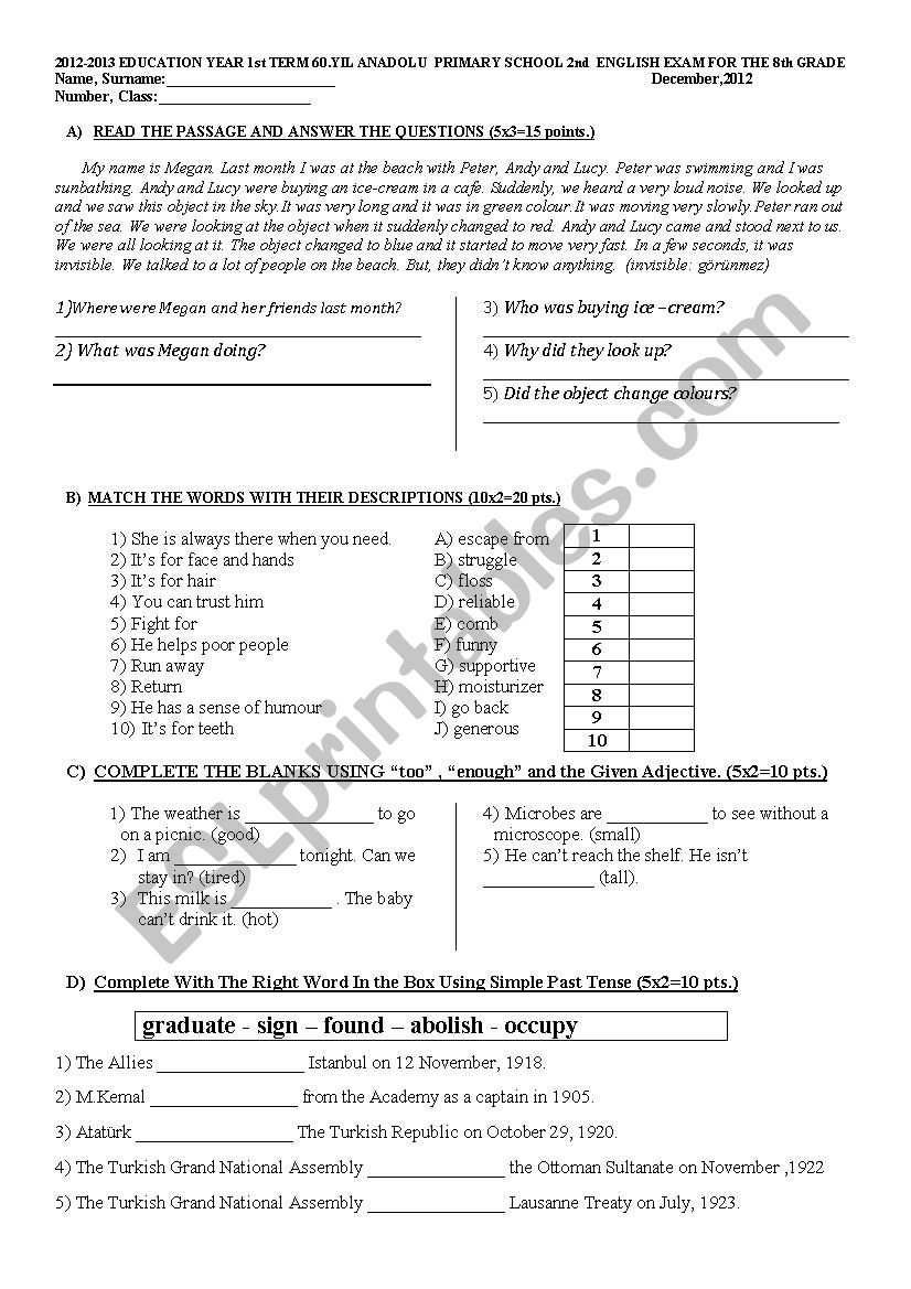 8th Grade English Exam ESL Worksheet By Witchy