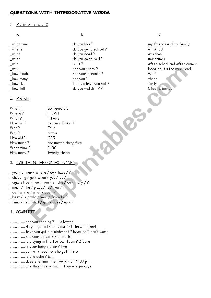 INTERROGATIVE WORDS EXERCISES worksheet