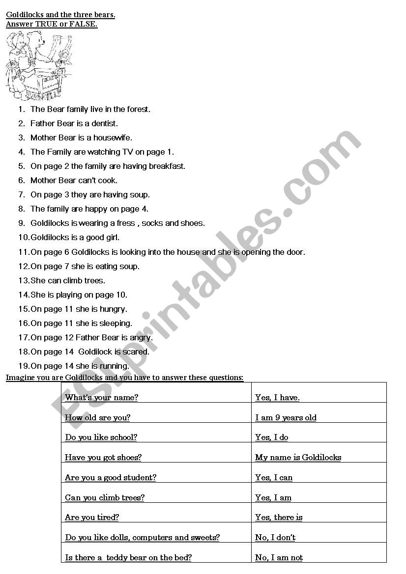 Goldilocks and the three bears worksheets